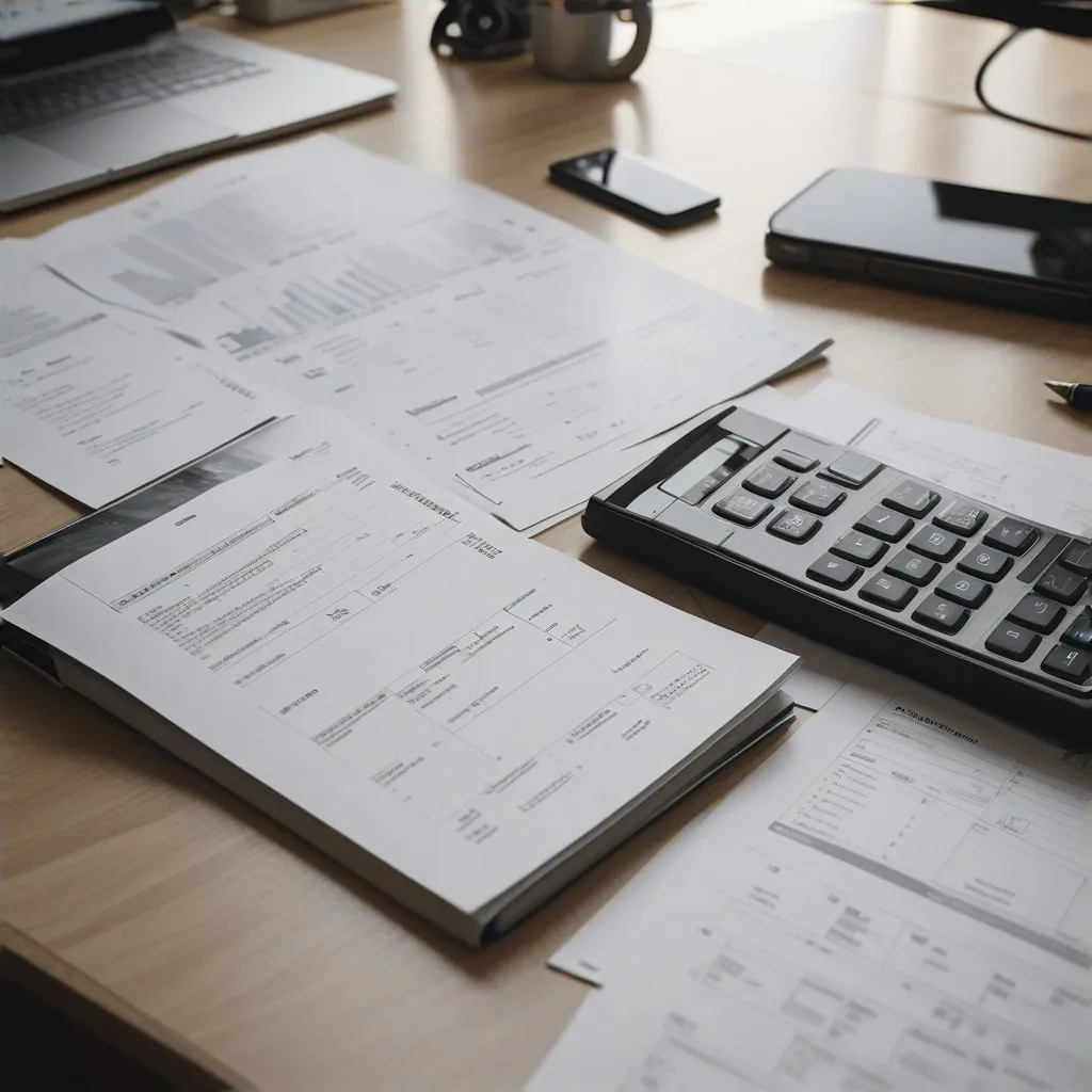 A close-up of financial documents and a calculator on a desk, (professional:1.5), [minimalist setup], -[mess],  [negative space]