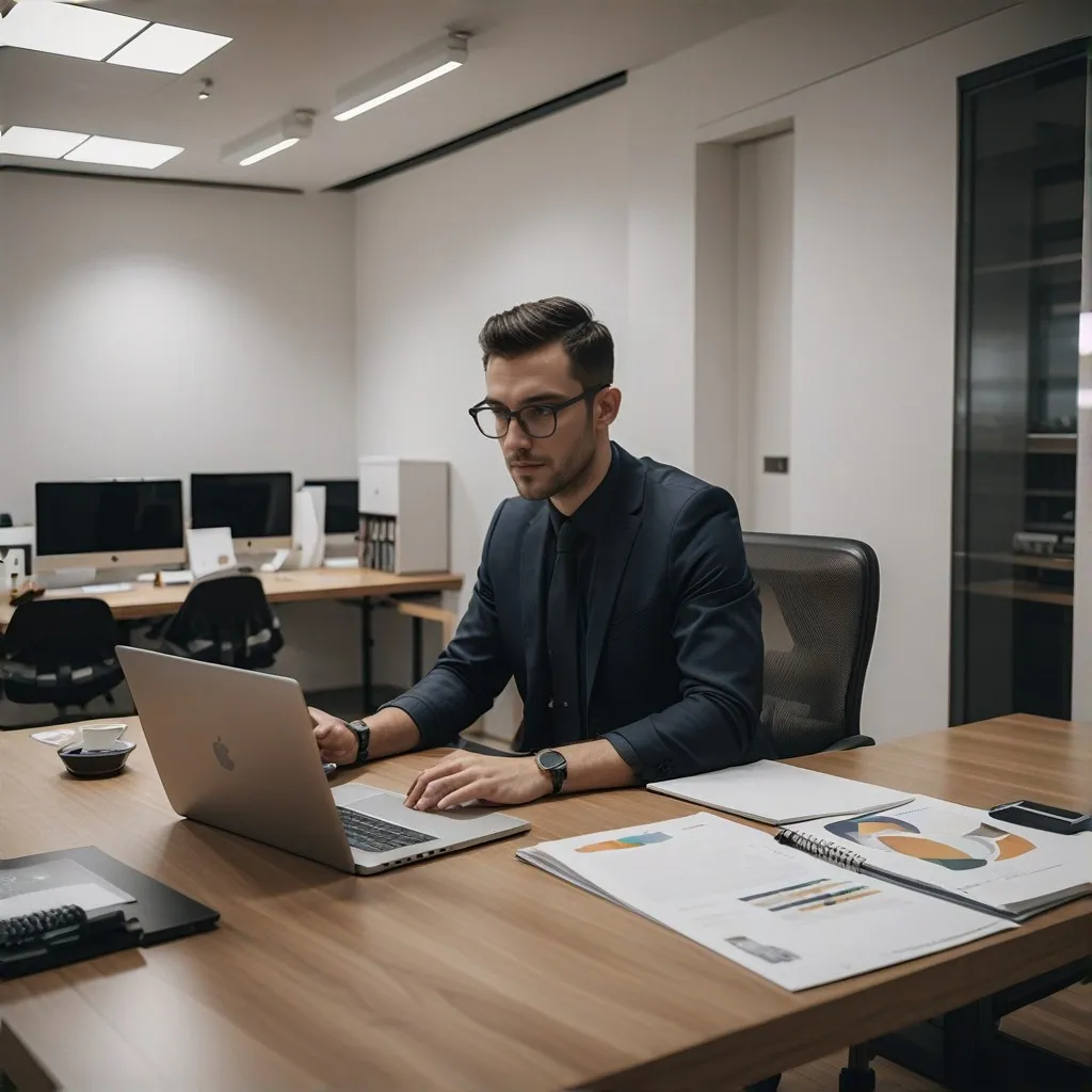 A professional accountant working on a laptop in a modern office, (professional:1.5), [minimalist background], -[clutter],  [negative space]