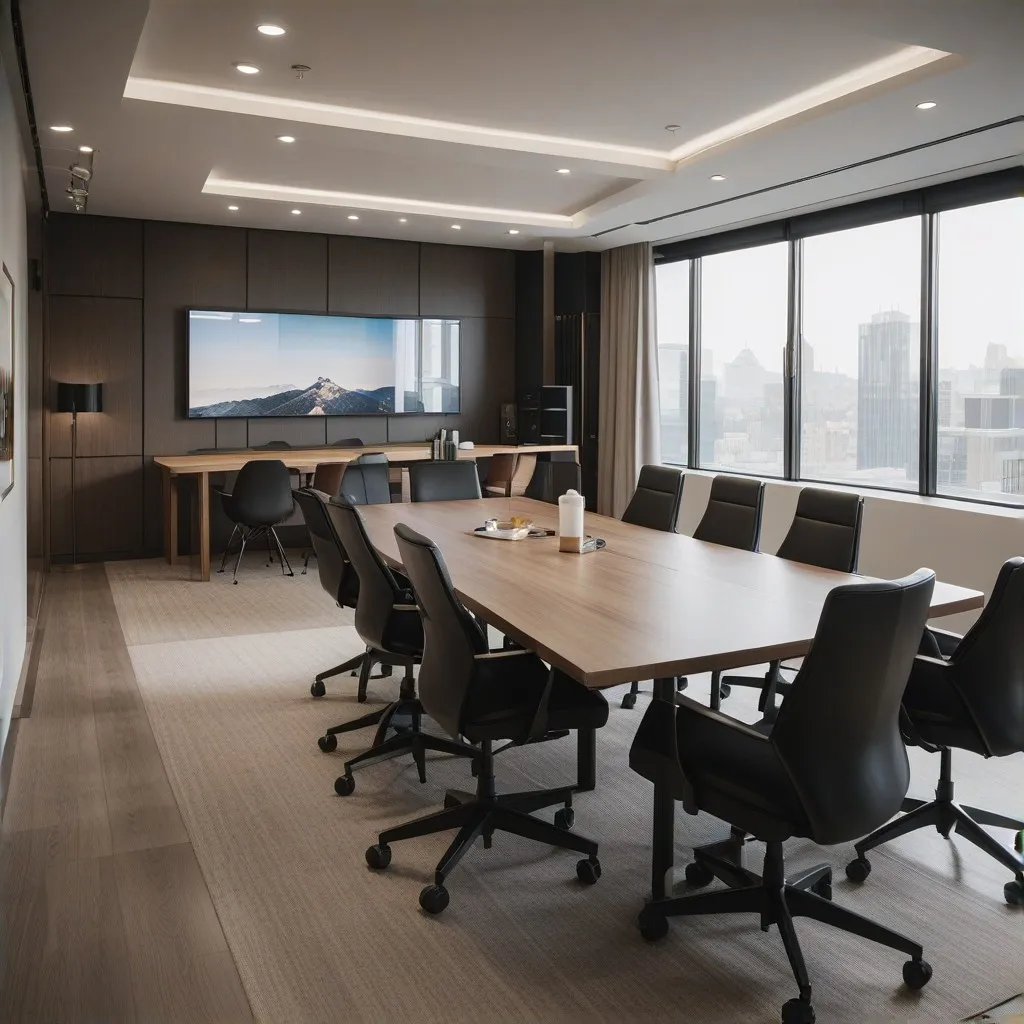 A team of accountants collaborating in a contemporary meeting room, (modern:1.5), [clean lines], -[distractions],  [negative space]