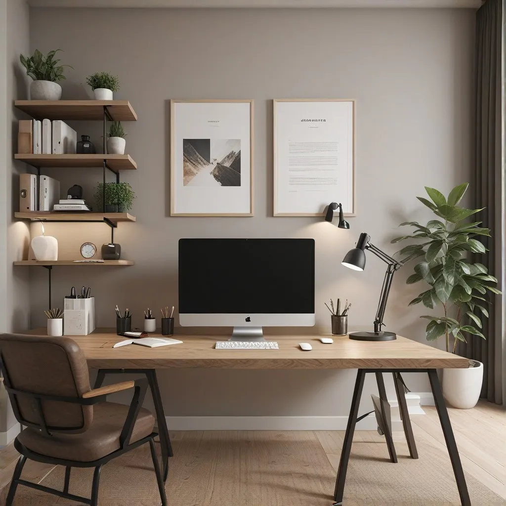 professional business office environment, modern minimalist desk with a laptop and phone, business documents neatly arranged, subtle lighting, clean and organized workspace, [contact form:1.2] displayed on the laptop screen, [neutral colors] - [clutter, excessive decorations]   [negative space]